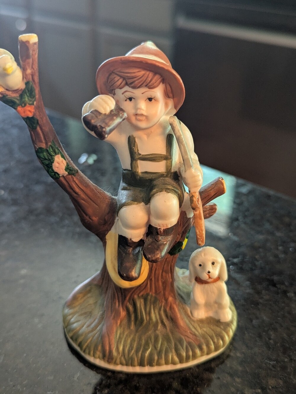 Vintage Boy Figurine With Dog Tree Swing Bird Ceramic Porcelain Cottagecore Deco
